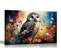 Artley Prints - Owl in Flower Garden Abstract Canvas Wall Art for Living Room, Bedroom - Ready to Hang Prints - Wildlife Pictures Extra Large 101 x 76cm (40 x 30 inches)