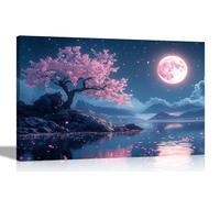 Artley Prints - Pink Moon Cherry Tree Lake Mountains Canvas Wall Art Modern Framed Oil Painting Prints Décor Ready to Hang 51 x 35cm (20 x 14 inches)