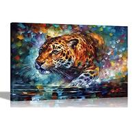 Artley Prints - Pouncing Leopard Colourful Canvas Pictures for Living Room - Wall Art for Bedroom, Hallway - Modern Extra Large 101 x 76cm (40 x 30 inches)