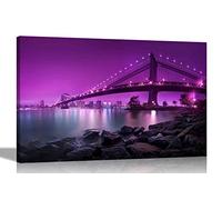 Artley Prints Purple Sky Manhattan Bridge New York Canvas Art Pictures Framed Hanging Stretched Bedroom Modern City Artwork for Living Room 60 x 40cm (24 x 16 inches) A2