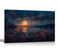 Artley Prints - Red Rose Garden Ocean Full Moon Canvas Wall Art Pictures Home Conservatory Nature Prints Ready to Hang Decoration 60 x 40cm (24 x 16 inches) A2