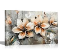 Artley Prints - Rustic Grey Artwork Abstract Cream Brown Flowers Canvas Prints for Living Room Décor Nature Home Office Wall Art Pictures 60 x 40cm (24 x 16 inches) A2