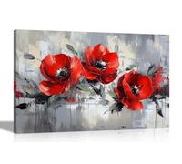 Artley Prints - Rustic Rrey Red Poppy Flowers Canvas Wall Art Flower Pictures Home Conservatory Garden Prints Ready to Hang 76 x 50cm (30 x 20 inches)