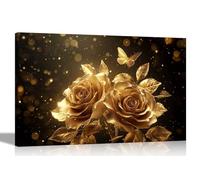 Artley Prints - Shiny Gold Roses and Butterfly Canvas Prints Art for Living Room, Conservatory, Hallway Office Home Decoration Pictures 30 x 20cm (12 x 8 inches) A4