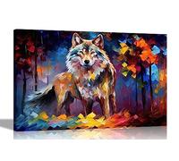 Artley Prints - Silver Wolf in Forest Colourful Wall Art Pictures Canvas for Living Room, Bedroom, Hallway | Framed Oil Painting Re-print Large 76 x 50cm (30 x 20 inches)