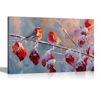 Artley Prints - Small Birds Red Leaves Canvas Wall Art Pictures for Living Room Home Bedroom Hallway Decor Prints 60 x 40cm (24 x 16 inches) A2