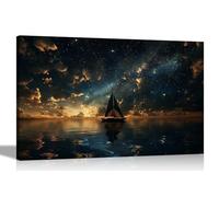 Artley Prints - Starry Night Sail Boat at Sea Canvas Wall Art Pictures for Living Room Conservatory Hallway Home Office Prints 30 x 20cm (12 x 8 inches) A4