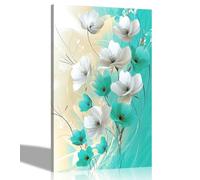 Artley Prints - Teal White Abstract Flowers Modern Art Floral Canvas Prints Art for Living Room, Conservatory, Hallway 40 x 30cm (16 x 12 inches) A3