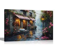 Artley Prints - Villiage Cafe Pink Roses Framed Canvas Pictures Wall Art Prints for Living Room Conservatory Hallway Extra Large 101 x 76cm (40 x 30 inches)