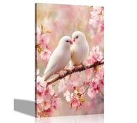 Artley Prints - White Birds on Cherry Tree Canvas Pictures for Wall Nature Art Prints Conservatory, Gardening Decor 60 x 40cm (24 x 16 inches) A2