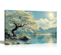 Artley Prints - White Flowering Tree Lake Mountain Framed Canvas Wall Pictures Scenary Decor Home Office Bedroom Prints 30 x 20cm (12 x 8 inches) A4