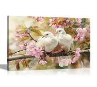 Artley Prints - White Pigeons Pink Flowering Tree Framed Canvas Wall Art Prints Bird Prints for Home Living Room Hallway40 x 30cm (16 x 12 inches) A3