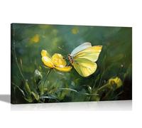 Artley Prints - Yellow Butterfly and Flower Floral Canvas Prints Modern Wall Art for Home Conservatory Pictures Ready to Hang Large 86 x 61cm (34 x 24 inches) A1