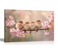 Artley Prints - Young Birds on Tree With Pink Leaves Canvas Prints Home Office Conservatory Nature Wall Art Décor 51 x 35cm (20 x 14 inches)