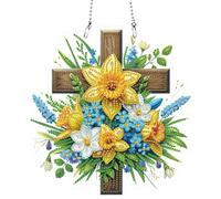 Artline 1pcs Cross and Flower 2D Flat Acrylic Diamond Painting Hanging Kit with Special Shape Crystal Rhinestone Pendants for DIY Craft Projects