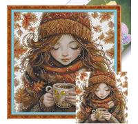 Artline 1pcs Winter Warm Tea 14CT Stamped Cross Stitch Kit with Cotton Fabric and Needle for Embroidery Sewing Needlework Craft 33x33cm (13x13 inch)