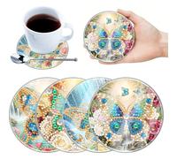 Artline 4Pcs Acrylic Special Shape Butterfly DIY Coaster Diamond Dot Kits Round Diamond Art Coasters Waterproof Shining Drink Coasters for Adults Beginners