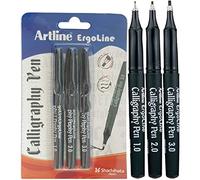 ARTLINE Ergoline Calligraphy Pens Sharp Line (3 x 1.0 2.0 3.0mm Chisel Tip BLACK Pens + 1 x ZOFAX Ball BLACK Pen)