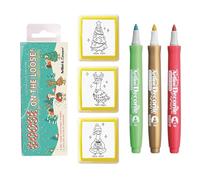 Artline Pre Inked Christmas Stamps and Decorite Pen Set (Goose on The Loose Set 2) 3X Red and Black Ink Stampers and 3X Colouring Pens for Christmas Crafts - Genuine Artline Art Supplies