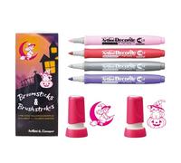 Artline Pre Inked Stamps and Decorite Pen Set (Broomsticks and Brushstrokes) 2X Halloween Ink Stamps and 4X Colouring Pens for Arts & Crafts, Journaling and Decoration - Genuine Artline Art Supplies