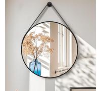 Artloge 70cm Round Black Mirror - Hanging Leather Belt Wall Mount - No Lights Waterproof for Bathroom, Bedroom, Entryway - Modern Matte Frame