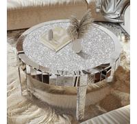 Artloge 80Cm Round Coffee Table Mirrored Glass Large Silver Mirror Center Tables, Glitter Crushed Crystal Diamonds
