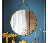 Artloge Luxury Gold Round Mirror 70cm - Leather Hanging Belt for Vanity/Dressing Room/Hotel/Entryway Decor- Vintage Style