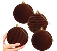 Artmag 4 PCS Large Velvet Christmas Balls Ornaments Shatterproof Hanging Set Flocked for Xmas Tree Holiday Party Decorations (Brown,4 Inch)