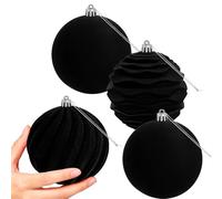 Artmag 4 PCS Large Velvet Christmas Balls Ornaments Shatterproof Hanging Set Flocked for Xmas Tree Holiday Party Decorations (Black,4 Inch)