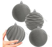 Artmag 4 PCS Large Velvet Christmas Balls Ornaments Shatterproof Hanging Set Flocked for Xmas Tree Holiday Party Decorations (Grey,4 Inch)