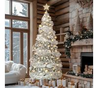 Artmag 6FT/1.8m Snow-Flocked Pre-lit Artificial Pop Up Christmas Tree with Champagne Ball Topper Fake Flowers Ornaments for Home Holiday Decoration, Snowy White