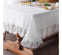 ARTMAGIC Ruffled Tablecloth with White Lace French Country Rectangle Table Cover Romantic Elegant Tablecloths Farmhouse Decor for Spring Summer Home Holiday Party (White, 60"x84")