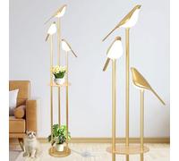 Artmooy Golden Living Room Floor Lamp with Shelves - Mid Century Modern Floor Lamp with 3 Adjustable Led Bird Lights, High Corner Lamp with Table, Stand