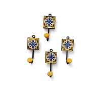 ARTNCRAFT Set of 4 Ceramic Wall Hooks, Floral Tile Design with Yellow Knobs, Vintage Shabby Chic Style, Decorative Hangers for Coat, Clothes, Jewelry and Keys for Project 2 inch Yellow