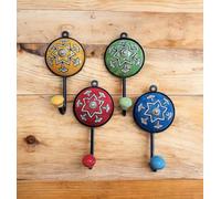 ARTNCRAFT Set of 4 Mixed Ceramic, Vintage Shabby Chic Look Coat, Clothes, Jewelry and Key Hooks for Wall or Door, Beautiful Hangers in Green Yellow red Sky Blue Color Design 02