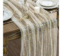 Artoid Mode Beige Gold Gauze 3 Pcs Table Runner 70x300 cm, Glitter Metallic Foil Sheer Cheesecloth Kitchen Dining Table Decor for Home Party