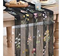 Artoid Mode Black Embroidery Wild Flowers Gauze Table Runner 70x300 cm | Halloween Seasonal Sheer Tulle Dining Holiday Birthday Table Decor for Home