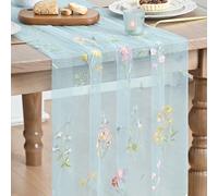 Artoid Mode Blue Embroidery Wild Flowers Gauze Table Runner 70x300 cm | Seasonal Summer Sheer Tulle Dining Holiday Birthday Table Decor for Home