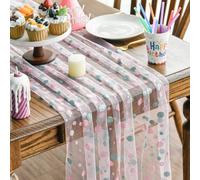 Artoid Mode Blue Polka Dots Pink Gauze Table Runner 70x300 cm, Seasonal Sheer Cheesecloth Dining Holiday Birthday Table Decor for Home Party