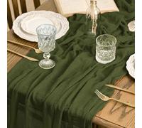 Artoid Mode Boho Olive Green Gauze Wedding Cheesecloth 300 cm Table Runner, Seasonal Fabric Kitchen Dining Holiday Table Decor for Home Party