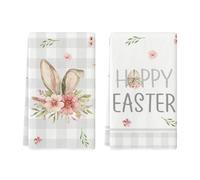 Artoid Mode Buffalo Plaid Flowers Rabbit Ears Happy Easter Kitchen Towels Dish Towels, 42x65 cm Leaves Polyester Decoration Hand Towels Set of 2