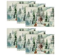 Artoid Mode Deer Fox Pine Trees Snow Christmas Placemats Set of 6, 30 x 45cm Seasonal Winter Xmas Holiday Vintage Washable Table Mats