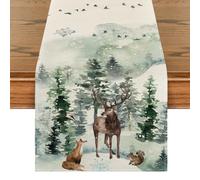 Artoid Mode Deer Fox Pine Trees Snow Christmas Table Runner, Seasonal Winter Xmas Kitchen Dining Table Decoration for Home Party Decor 40x180 cm