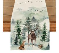 Artoid Mode Deer Fox Pine Trees Snow Christmas Table Runner, Seasonal Winter Xmas Kitchen Dining Table Decoration for Home Party Decor 40x140 cm