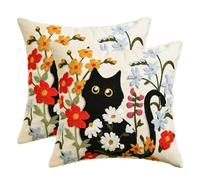Artoid Mode Flowers Black Cat Spring Cushion Covers Set of 2, 45x45 cm Chain-stitch Summer Decorative Pillow Case Cover Sofa Living Room Decor