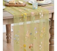 Artoid Mode Grass Green Embroidery Wild Flowers Spring Gauze Table Runner 70x300 cm, Seasonal Tulle Dining Holiday Birthday Table Decor for Home Party