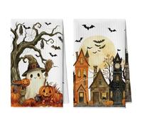 Artoid Mode Moon Ghost Bats Cat Halloween Dish Towels 42x65 cm Set of 2 | Pumpkins Trees Houses Seasonal Fall Hand Towels Kitchen Decoration
