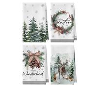 Artoid Mode Pine Trees Reindeer Cone Merry Christmas Kitchen Towels Dish Towels, 42x65 cm Winter Microfiber Cloth Kitchen Drying Decoration Set of 4