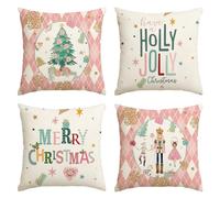 Artoid Mode Pink Diamond Plaid Nutcracker Snowflake Christmas Cushion Covers Set of 4, 50x50 cm Decorative Pillow Case Cover Sofa Living Room Decor