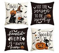 Artoid Mode Pumpkins Ghost Bats Cat Halloween Cushion Covers Set of 4, 45x45 cm Hey Boo Let's Get Spooky Decorative Pillow Case Cover Sofa Room Decor